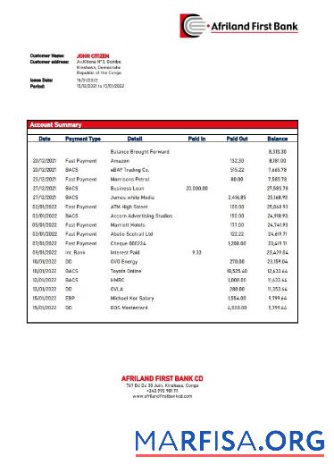 Blank Congo Afriland First bank statement example